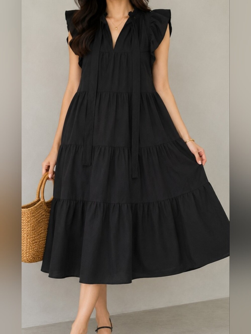 Entro Black Tiered Ruffle Sleeve Babydoll Dress Size Large Boho Flow Midi  Sz L